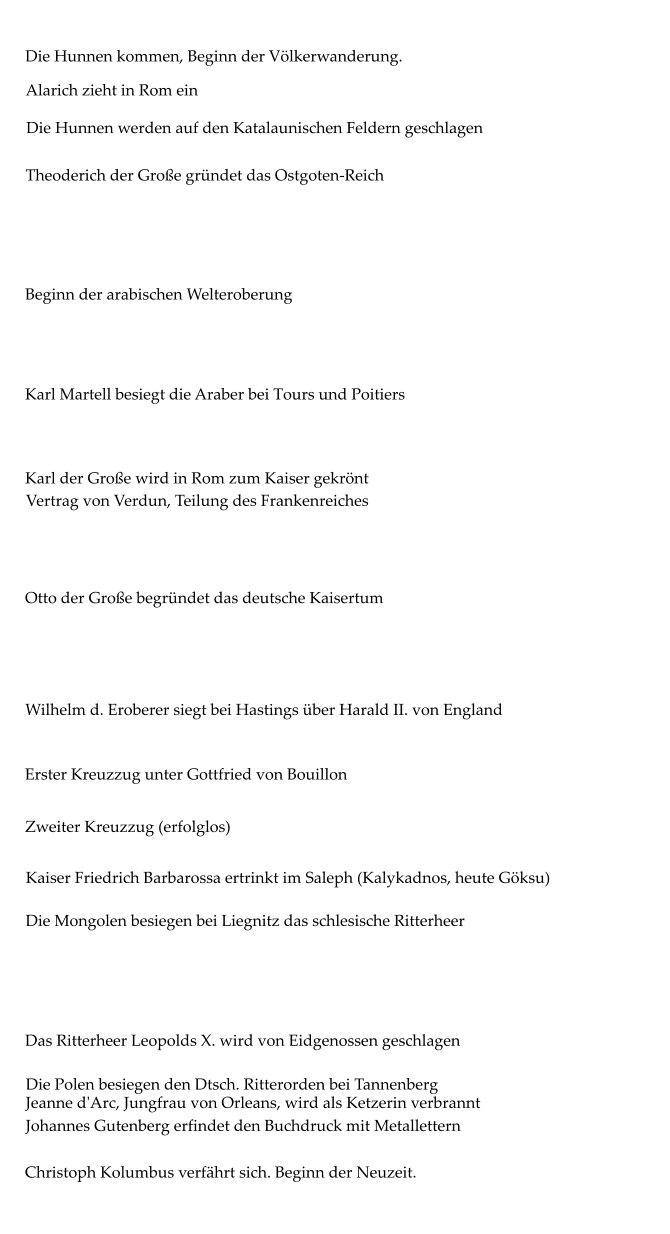 Die Hunnen kommen, Beginn der Völkerwanderung. Alarich zieht in Rom ein Die Hunnen werden auf den Katalaunischen Feldern geschlagen Theoderich der Große gründet das Ostgoten-Reich Beginn der arabischen Welteroberung Karl Martell besiegt die Araber bei Tours und Poitiers Karl der Große wird in Rom zum Kaiser gekrönt Vertrag von Verdun, Teilung des Frankenreiches Otto der Große begründet das deutsche Kaisertum Wilhelm d. Eroberer siegt bei Hastings über Harald II. von England Erster Kreuzzug unter Gottfried von Bouillon Zweiter Kreuzzug (erfolglos) Die Mongolen besiegen bei Liegnitz das schlesische Ritterheer Das Ritterheer Leopolds X. wird von Eidgenossen geschlagen Die Polen besiegen den Dtsch. Ritterorden bei Tannenberg Jeanne d'Arc, Jungfrau von Orleans, wird als Ketzerin verbrannt Johannes Gutenberg erfindet den Buchdruck mit Metallettern Christoph Kolumbus verfährt sich. Beginn der Neuzeit. Kaiser Friedrich Barbarossa ertrinkt im Saleph (Kalykadnos, heute Göksu)